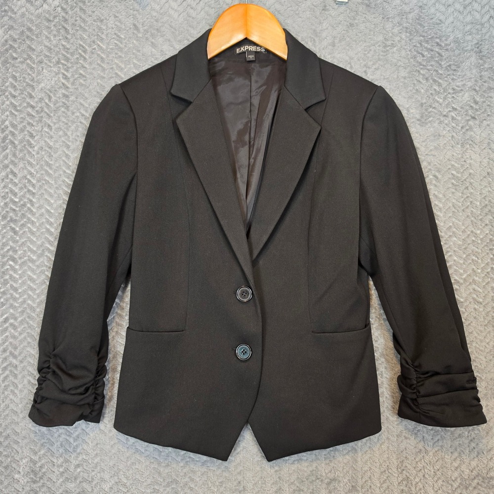 Express Womens Black Ruched 3/4 Sleeve Two Button Tailored Blazer Size 4
